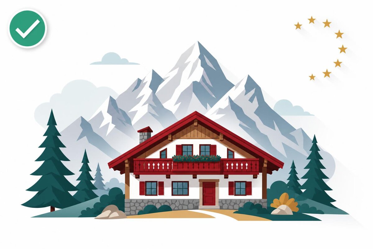 Flat illustration of a landmark in Slowacja with a verified VAT checkmark.